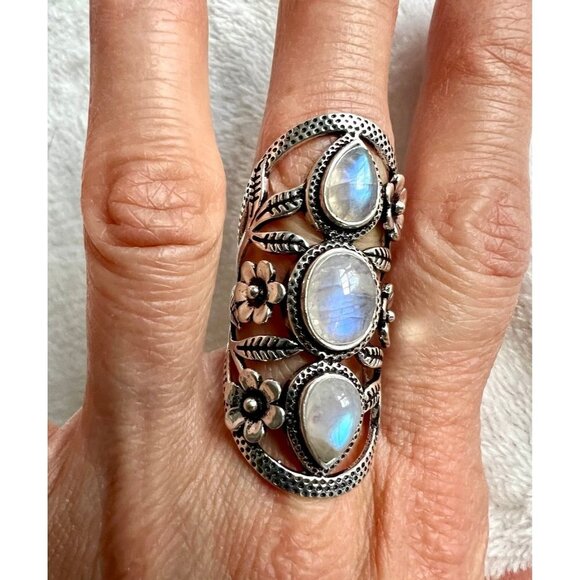 Handmade Jewelry - 925 Flower Child Rainbow Flash Moonstone Shield Ring 6